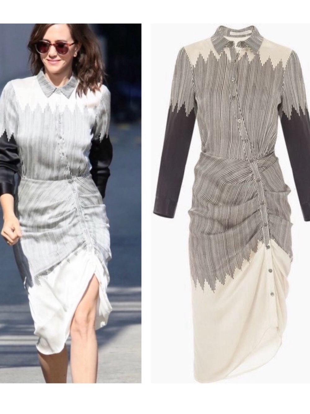 Veronica Beard Black & Off-White Silk Long Sleeve Button Down Ruched Shirt Dress